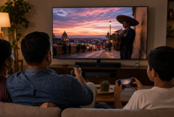 Familia mira un video musical en una televisión conectada mientras usa teléfonos como segunda pantalla