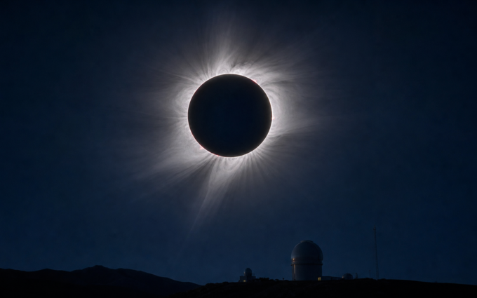 Eclipse solar total con corona luminosa sobre un observatorio