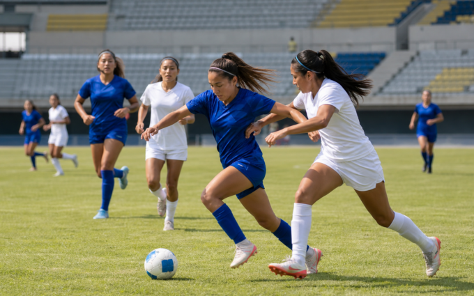 Jugadoras de futbol disputan un balón durante un partido en estadio mexicano