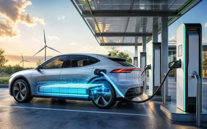 Vehículo eléctrico conectado a una estación de carga ultrarrápida con la batería iluminada