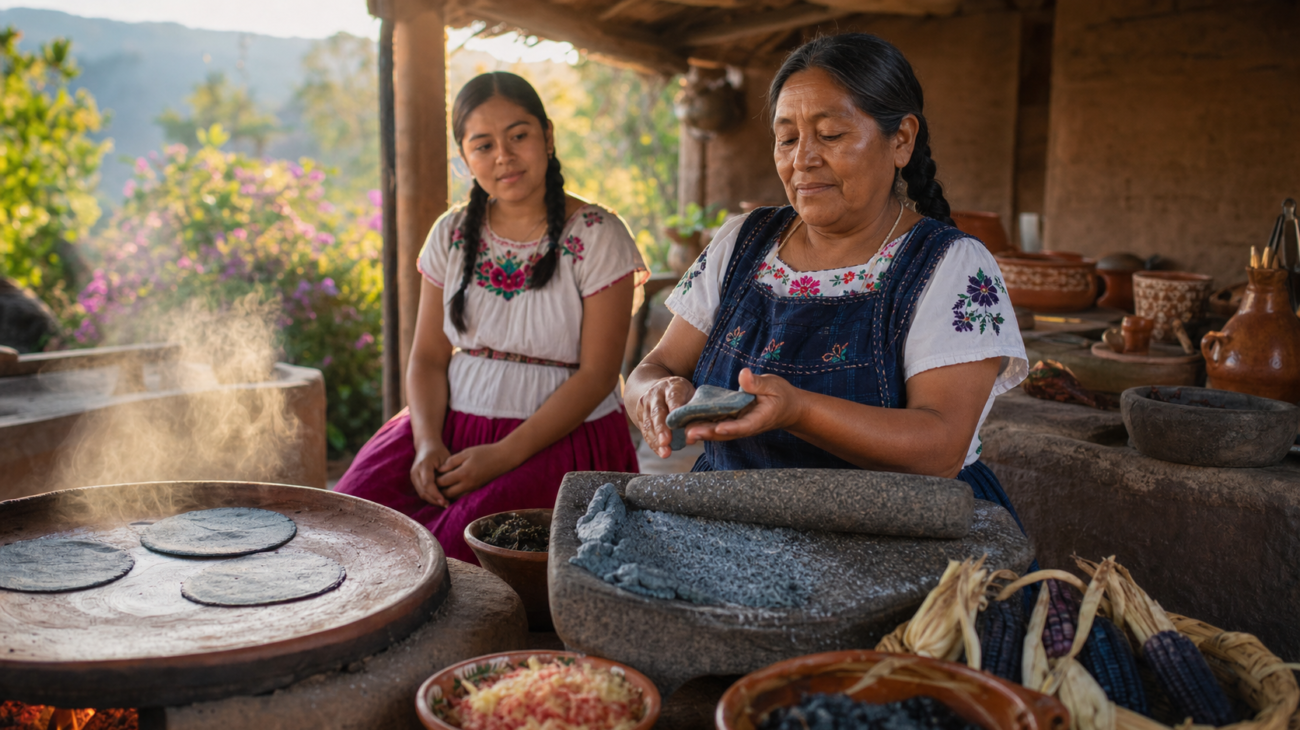 Cocinera tradicional prepara tortillas de maíz azul junto a un metate en una cocina rural de Michoacán.