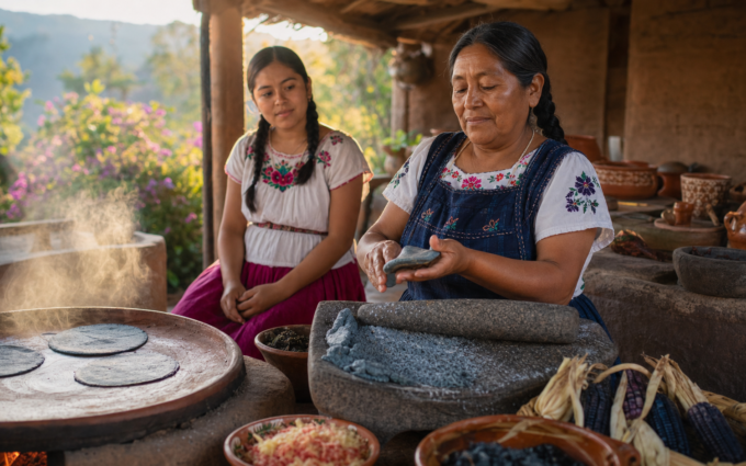 Cocinera tradicional prepara tortillas de maíz azul junto a un metate en una cocina rural de Michoacán.