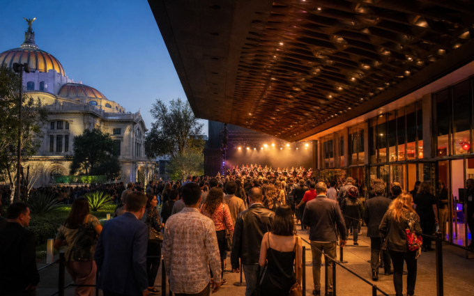 Público entra a un recinto de conciertos en la Ciudad de México mientras las luces del escenario permanecen encendidas.