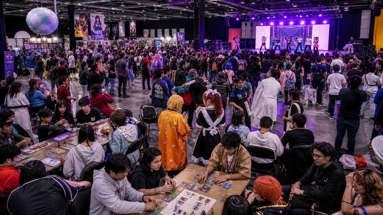 Jóvenes participan en una feria cultural geek con videojuegos, juegos de mesa y baile K-pop