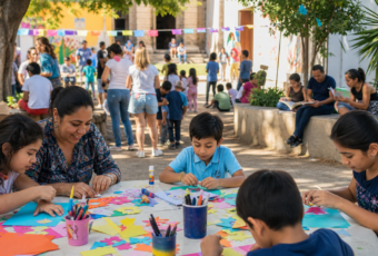 Familias participan en un taller gratuito de arte y lectura en un espacio cultural comunitario