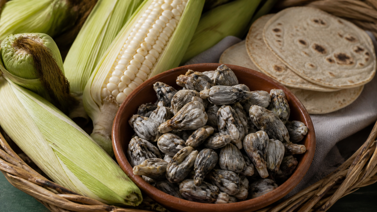 Mazorca de maíz con huitlacoche fresco junto a una canasta de mercado y tortillas.