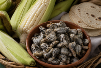 Mazorca de maíz con huitlacoche fresco junto a una canasta de mercado y tortillas.