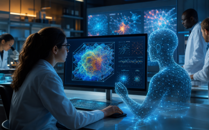 Investigadora analiza una simulación científica con inteligencia artificial en un laboratorio moderno