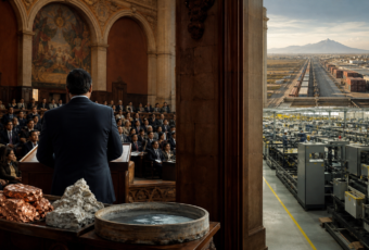 Foro diplomático en un anfiteatro histórico frente a una fábrica y corredor de exportación mexicanos.