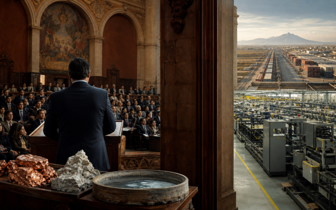 Foro diplomático en un anfiteatro histórico frente a una fábrica y corredor de exportación mexicanos.