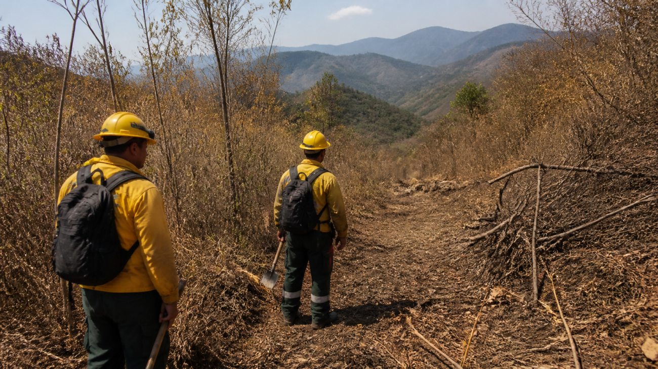 Brigadistas capacitados revisan una zona forestal con herramientas de prevención y equipo de protección personal.