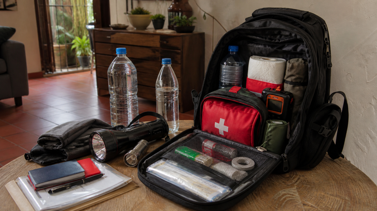 Mochila de emergencia abierta con lámpara, agua, radio, botiquín y documentos protegidos.