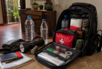 Mochila de emergencia abierta con lámpara, agua, radio, botiquín y documentos protegidos.