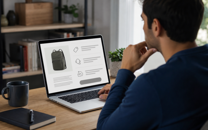 Persona revisa datos de una tienda virtual en laptop antes de introducir información de pago.
