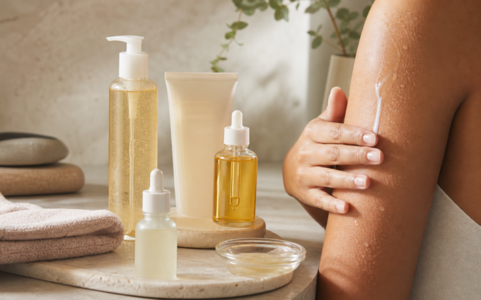 Rutina de skinification con sérums y productos de cuidado corporal