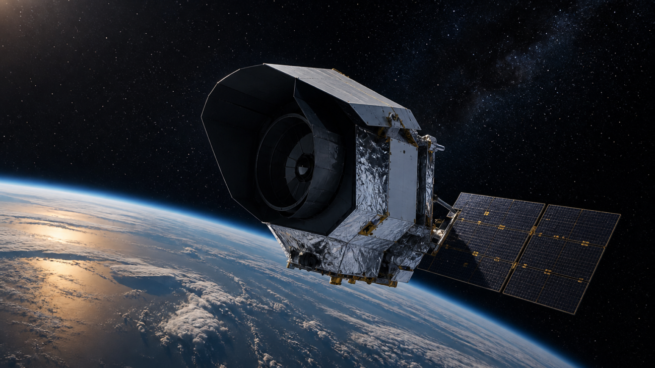 Telescopio espacial Roman en órbita sobre la Tierra y frente a un cielo estrellado