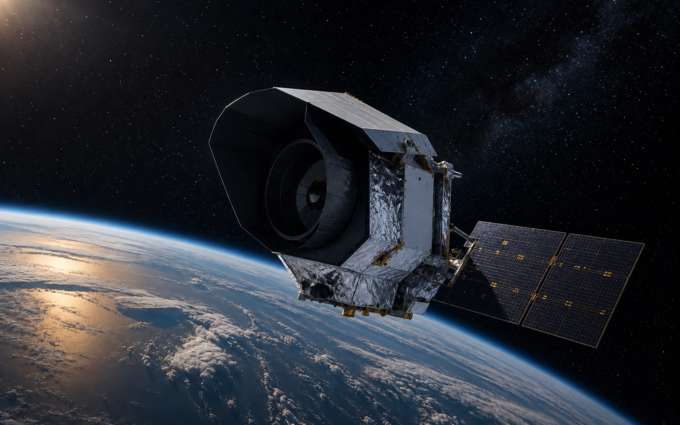 Telescopio espacial Roman en órbita sobre la Tierra y frente a un cielo estrellado