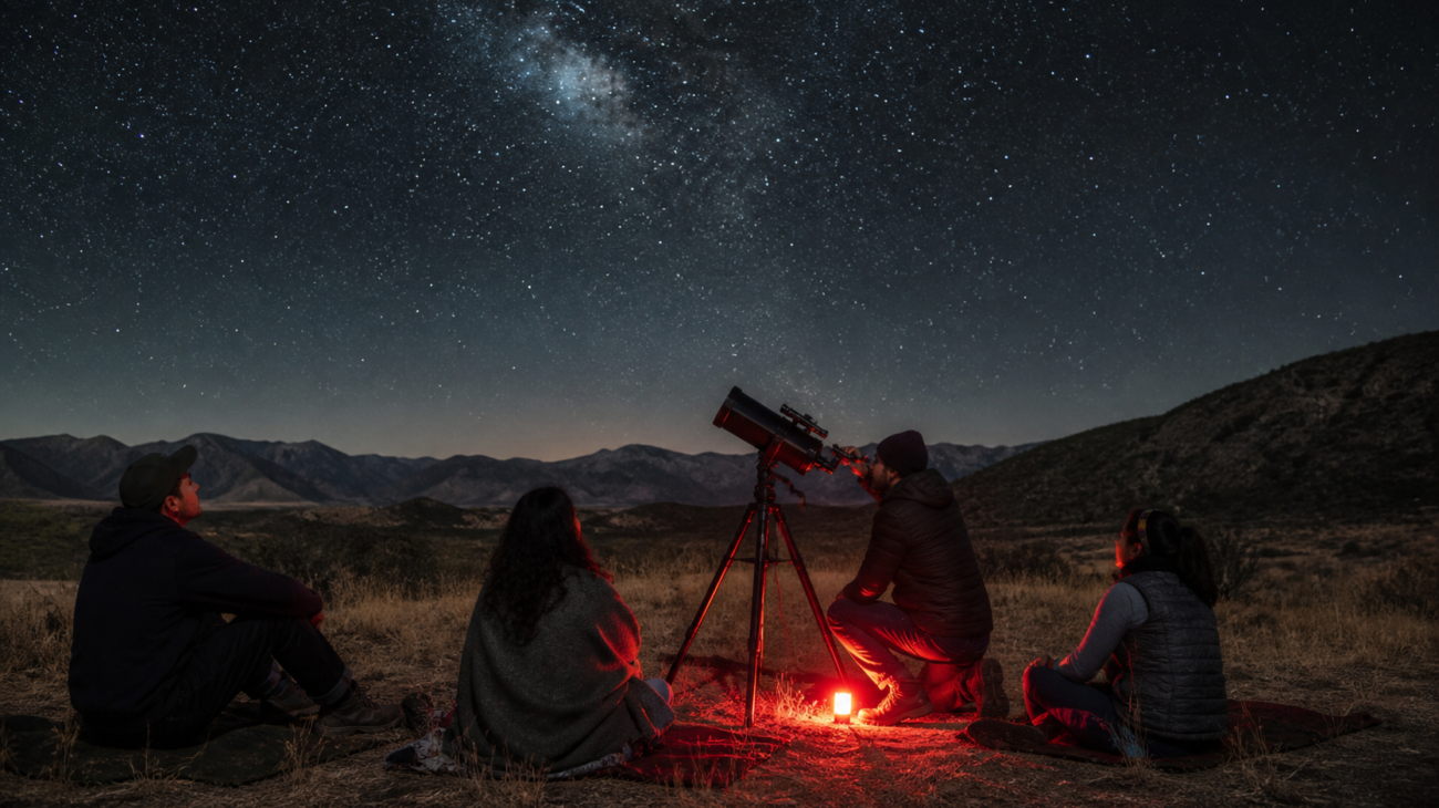 Grupo de visitantes observa el cielo nocturno con un telescopio en un sitio rural sin iluminación directa.