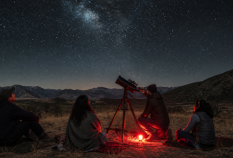 Grupo de visitantes observa el cielo nocturno con un telescopio en un sitio rural sin iluminación directa.