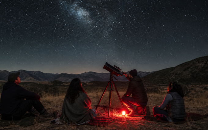 Grupo de visitantes observa el cielo nocturno con un telescopio en un sitio rural sin iluminación directa.