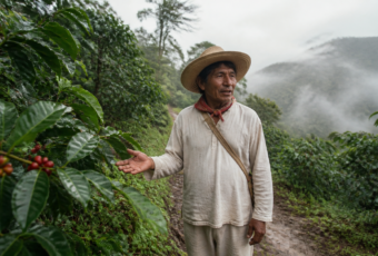 Sendero húmedo de Cuetzalan entre vegetación de sierra, con una guía comunitaria y visitantes a distancia.