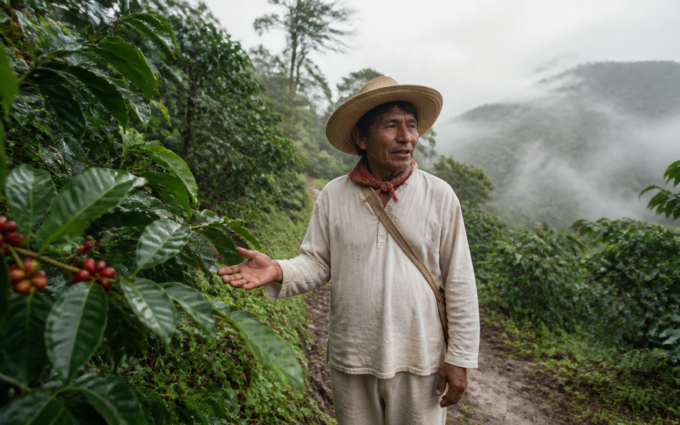 Sendero húmedo de Cuetzalan entre vegetación de sierra, con una guía comunitaria y visitantes a distancia.