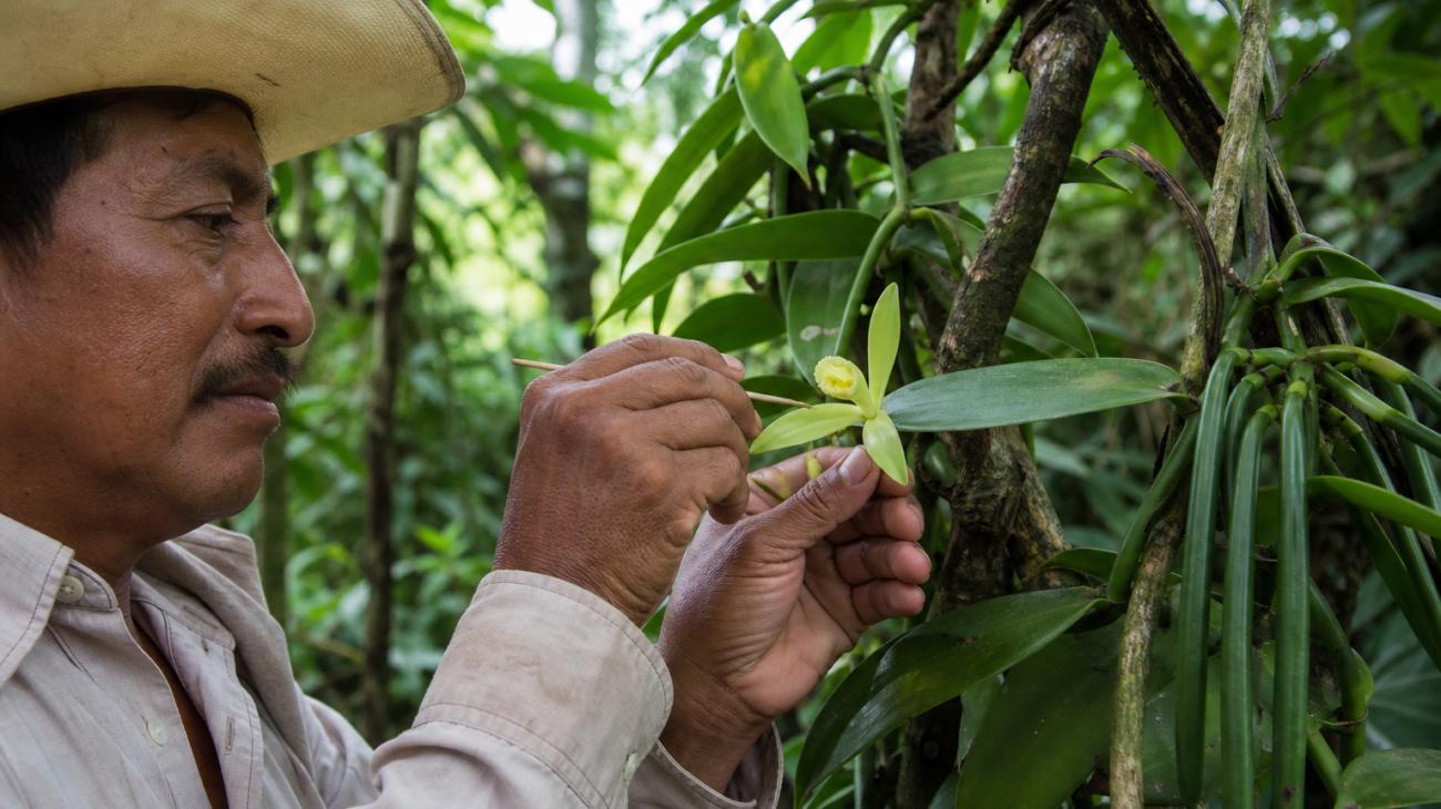 Productor revisa flores de vainilla en un huerto sombreado de Papantla, Veracruz, durante la polinización manual.