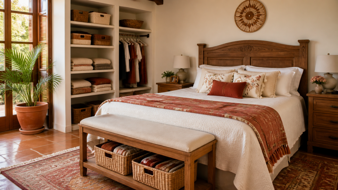 Recámara ordenada con textiles coordinados, cajas etiquetadas y superficies despejadas.