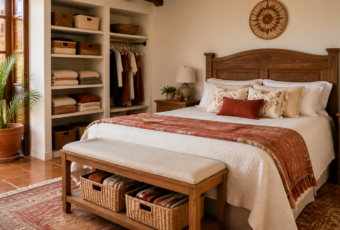 Recámara ordenada con textiles coordinados, cajas etiquetadas y superficies despejadas.