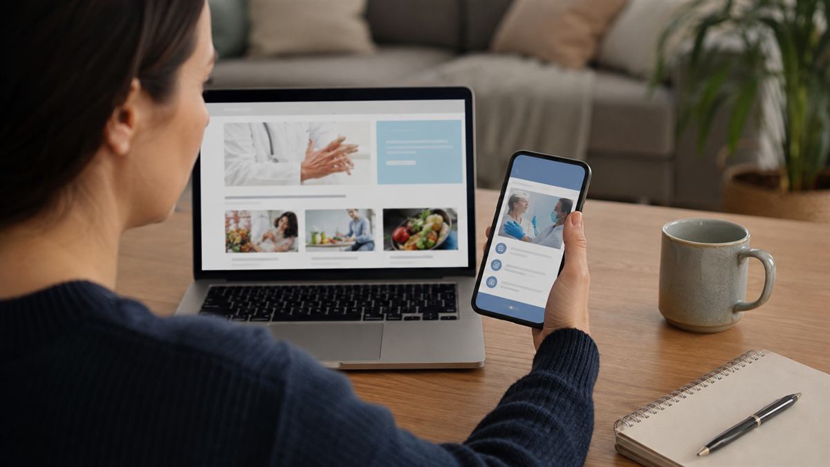 Persona compara información de salud en un teléfono y una página institucional