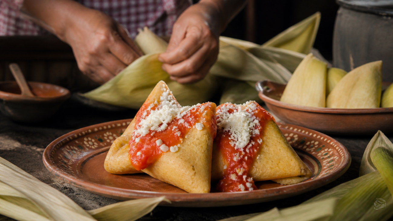 Corundas triangulares de maíz servidas con salsa roja, queso y hojas de caña sobre una mesa de cocina tradicional.