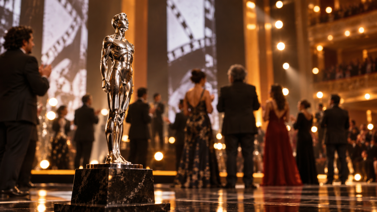 Estatuilla de cine en un escenario iluminado durante una ceremonia de premios mexicana