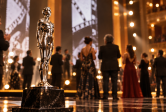 Estatuilla de cine en un escenario iluminado durante una ceremonia de premios mexicana