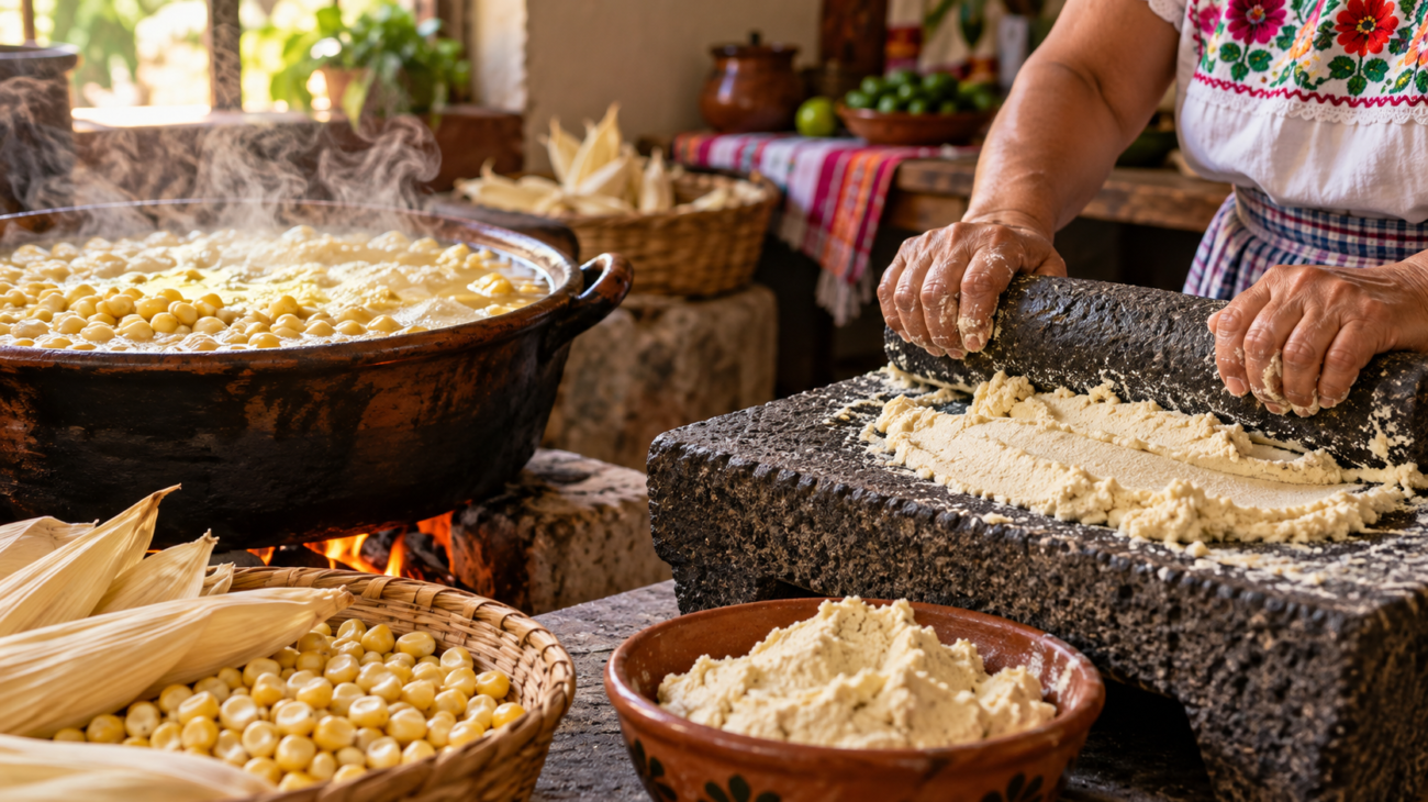 Ilustración de la nixtamalización del maíz y su transformación en masa para tortillas