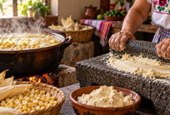 Ilustración de la nixtamalización del maíz y su transformación en masa para tortillas